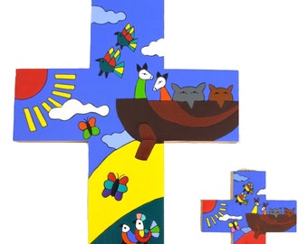 Noah's Ark Fair trade Colourful Wooden Cross Free UK delivery