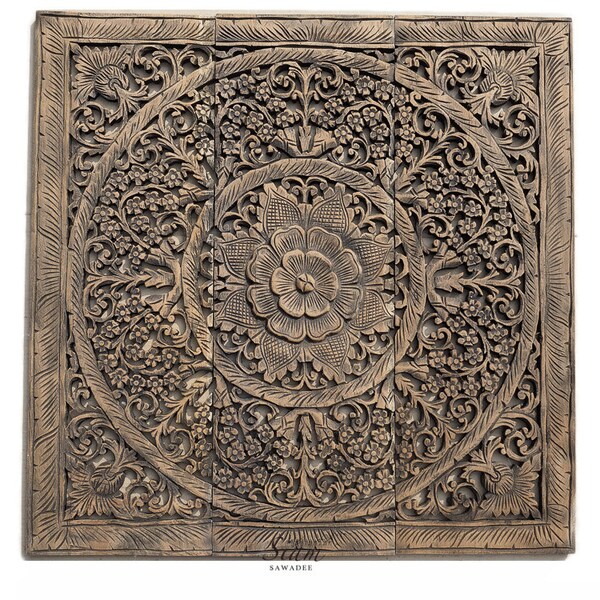 Rustic Wall Art Hanging. Thai Carved Wood Lotus Relief Panel. Reclaim Teak Wood Carving Decorative. Oriental Decor.(3'X3' Ft. Black wash)