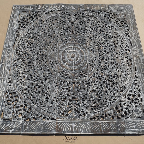 Carved Wooden Bed Headboard. Wood Carving Wall Art Panel, Carved Wall Hanging, Teak Paneling From Thailand. (5'X5' Ft Antique white wash)