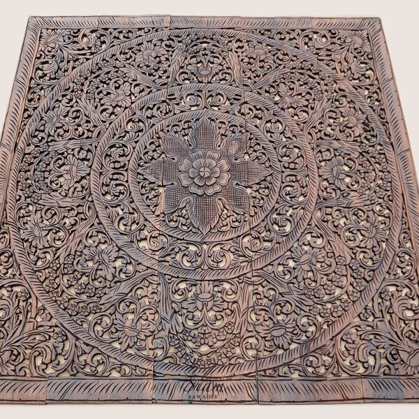 Carved Wooden King Size Bed Headboard. Wood Carving Wall Art Panel, Carved Wall Hanging, Teak Paneling From Thailand. (5'X5' Ft Dark Brown)