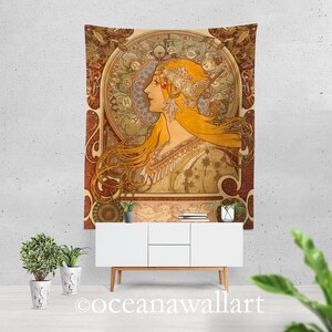 Bohemian Wall Hanging, Zodiac art, Hippie woman, Alphonse Mucha, dorm tapestry, cosy decor, astrology print, Art nouveau decoration