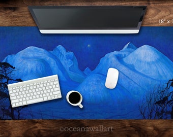 Moon Desk MAT, Multiple Sizes,Landscape desk mat, Art desk decor, office art desk mat, Night desk mat, Mountain illustration