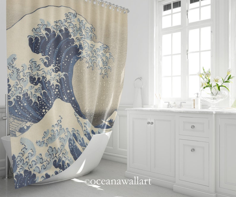 Wave Shower Curtain Coastal Shower Curtain Japanese Shower Etsy