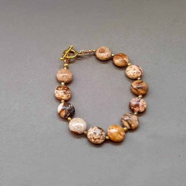 Bracelet with picture jasper and small brass beads