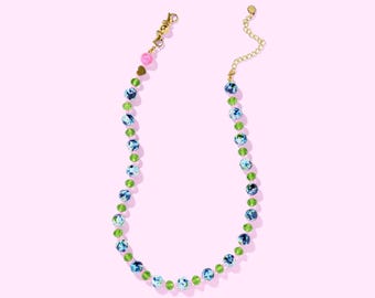 Beaded Necklace: Blue Marbled Crystals and Pink Seed Beads - Magnetic Clasp