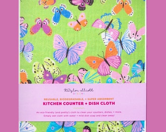 Butterflies Biodegradable Dish Cloth - Housewarming Present Mother's Day Cleaning Supplies