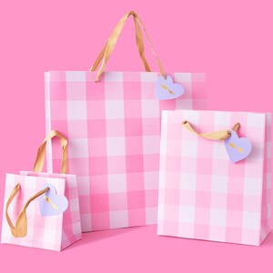 Light Pink Gingham Gift Bags 3 Sizes Gift Wrap for Christmas Tween Gift Party Favor Bag image 1