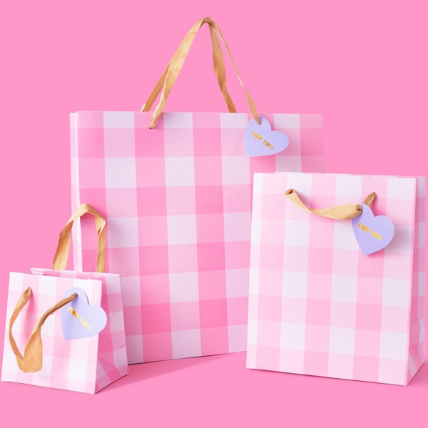 Light Pink Gingham Gift Bags (3 Sizes) - Gift Wrap for Christmas Tween Gift Party Favor Bag