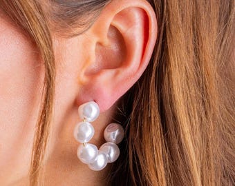 Pearl Hoop Earrings: Lightweight 14k Gold Plated, 1.25 Inch