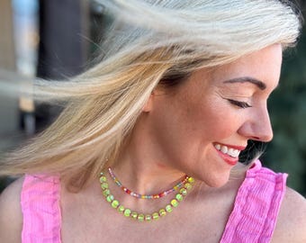 Kenzie Green and Pink Necklace: Beaded, Adjustable Length