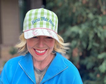 Bless This Mess Baseball Cap: Floral and Gingham Design (Adjustable Fit)