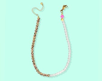 Dottie Beaded Necklace: Pink, Dalmatian Stone, Clear Crystal