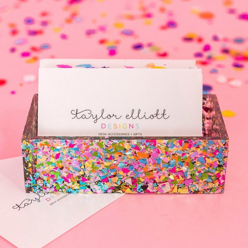 Confetti Acrylic Business Card Holder Cute Desk Accessories Desk Decor for Women Fun Desk Decorations Teacher Gift Gifts for Women image 2