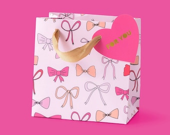 Pink Bow Gift Bags, Two Sizes (Gold Ribbon Handles, Heart Tags)