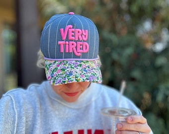 Very Tired Baseball Hat: Blue White Stripes, Plaid Floral Brim