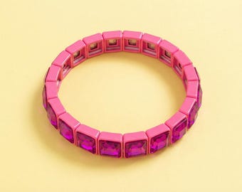 Libby Pink Enamel Bracelet, Square Design (Stretch Fit, 2")