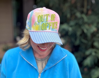 Out of Office Baseball Hat: Tie Dye, Blue Stripes, Yellow Snapback