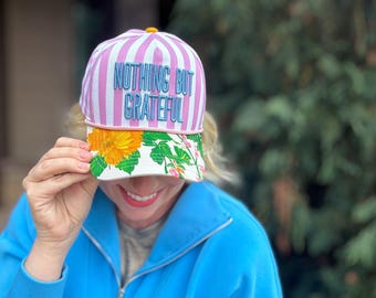 Nothing But Grateful Baseball Hat, Pink Stripes Floral (Adjustable Fit)