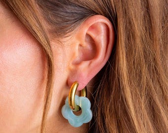 Laurel Huggie Earrings: Turquoise Acrylic Flower - Gold Plated Hoops