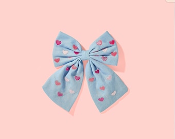 Girls' Chambray Hair Bow - Pink Heart Embroidery Clip