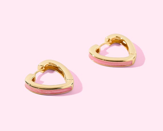 Heart Huggie Earrings: Pink Enamel Detail - Gold Plated Hoops