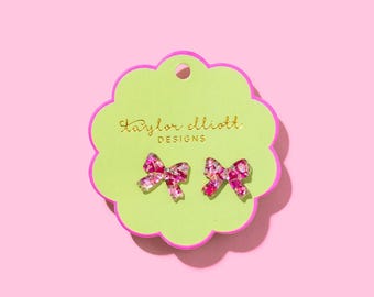 Confetti Bow Earrings: Pink Acrylic Studs (Lightweight, Hypoallergenic)