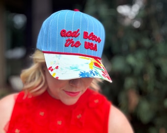 God Bless Baseball Hat: Blue White Stripes, Floral Bill, Red Embroidery