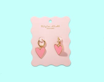 Jane Heart Huggie Earrings, Gold Plated with Pink Enamel (Lightweight)