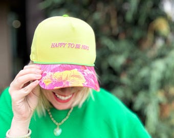 Happy to Be Here Baseball Hat: Neon Yellow with Floral Bill