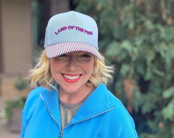 Land of the Free Baseball Hat, Red Snapback (Blue Crown, Striped Bill)