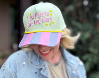 God Glory Baseball Hat: Light Green Cap - Pink Purple Stripe