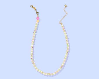 Penny Beaded Necklace: Green Crystal Marbled, Adjustable Chain