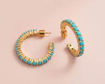 Turquoise Hoop Earrings: Small, Lightweight, 14k Gold Plated