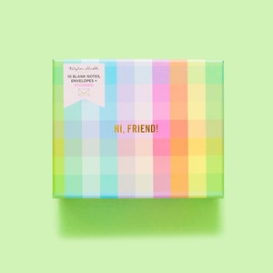 Hi, Friend! Boxed Note Card Set with Envelopes - Blank Greeting Note Cards House Warming Gift Gingham Cards