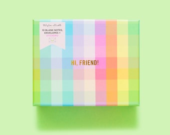 Hi, Friend! Boxed Note Card Set with Envelopes - Blank Greeting Note Cards House Warming Gift Gingham Cards