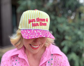 Yellow Striped Baseball Hat: Pink Floral Bill, Fun Time Embroidery
