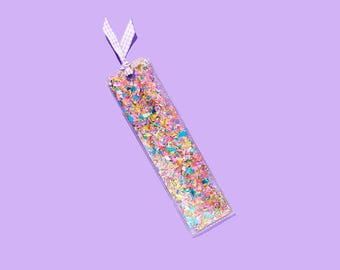 Confetti Bookmark: Colorful Sparkle with Purple Ribbon