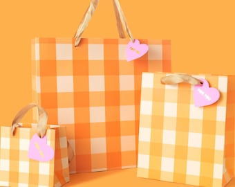 Orange Gingham Gift Bags (3 Sizes) - Party Favor Bag Christmas Gift Wrap Gift for Mom