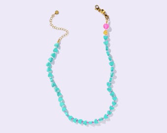 Beaded Necklace: Turquoise Hearts with Pink Seed Beads (15" Adjustable)