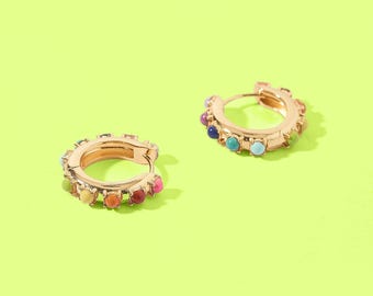 Gold Huggie Earrings - Colorful Beads, Comfortable Fit