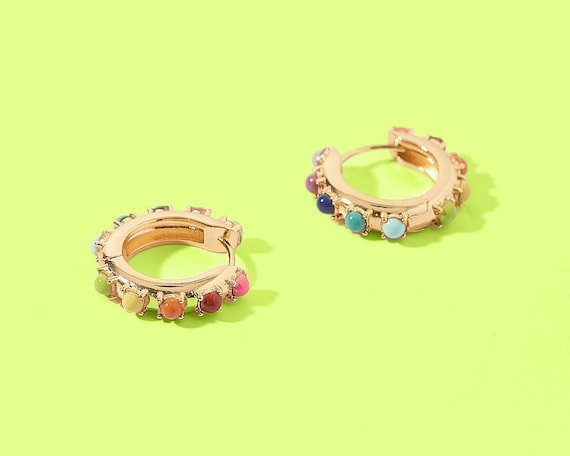 Gold Huggie Earrings - Colorful Beads, Comfortable Fit