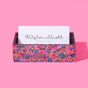 Confetti Acrylic Business Card Holder - Cute Desk Accessories Desk Decor for Women Fun Desk Decorations Teacher Gift Gifts for Women