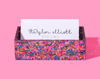 Confetti Acrylic Business Card Holder - Cute Desk Accessories Desk Decor for Women Fun Desk Decorations Teacher Gift Gifts for Women