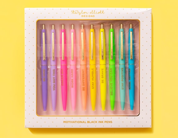 Inspirational Pen Set: 10 Black Ink Pens - Gold Foil Sayings