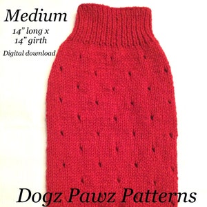 Peut inclure: Pull-over rouge en tricot pour chien avec un col en tricot torsadé et un motif de trous. Le pull est étiqueté "Medium 14" long x 14" girth Digital download Dogz Pawz Patterns".