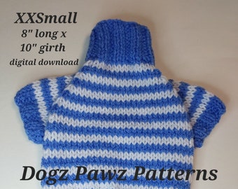 PDF KNITTING PATTERN  XXSmall (8” long x 10” girth) raglan sleeved dog puppy sweater jumper thin stripe pattern