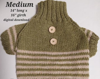 PDF KNITTING PATTERN  Medium (14” long x 16” girth) raglan sleeved dog puppy sweater jumper stripe bottom pattern