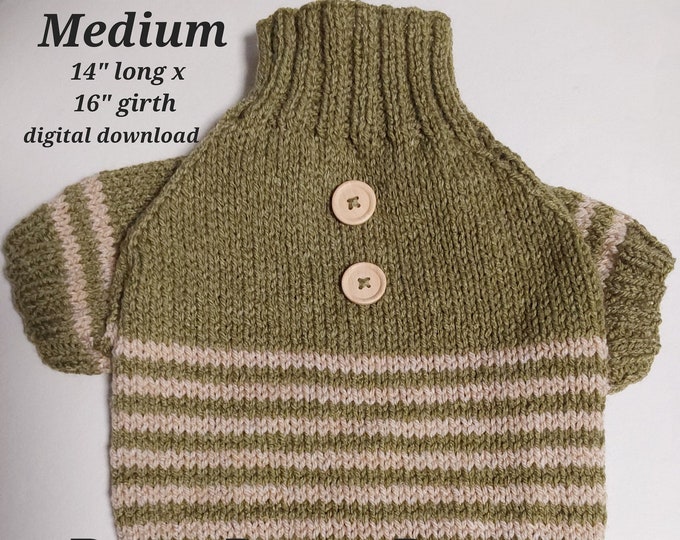 Featured listing image: PDF KNITTING PATTERN  Medium (14” long x 16” girth) raglan sleeved dog puppy sweater jumper stripe bottom pattern