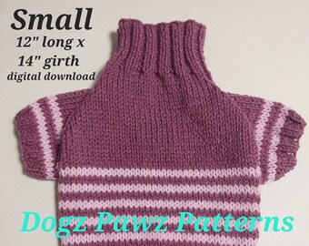 PDF KNITTING PATTERN  Small (12” long x 14” girth) raglan sleeved dog puppy sweater jumper thin stripe bottom pattern