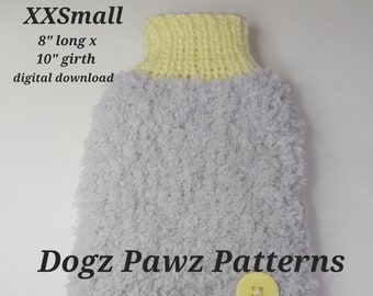 PDF KNITTING PATTERN  XXSmall (8” long x 10” girth) basic sleeveless dog puppy sweater jumper fluffy back pattern